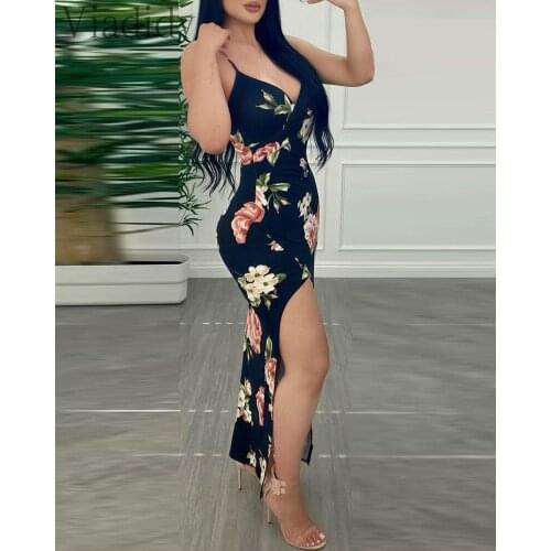 Summer Dress Floral Print Spaghetti Strap High Slit Dress