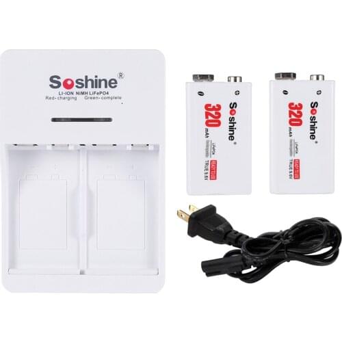 LiFePO4 Li-ion Ni-MH Battery Soshine Professional 9V 6F22 Rechargeable 2 Battery/1 Charger Suit 320mAh 9.6V Capacity