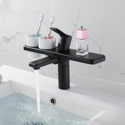 Matte black raised Basin faucet with shelf Toothbrush cup with filter Deck Mounted single handle cold hot water basin faucet