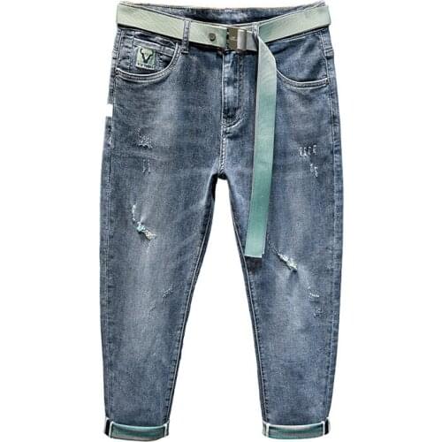 Blue Jeans Mens 2021 New Autumn High-quality Embroidery Jeans Ripped Pants Thin Patchwork Jeans nine-point pants without belt