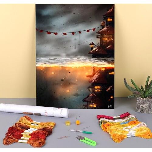 Scenery The Rising Depth Printed 11CT Cross Stitch Complete Kit DIY Embroidery DMC Threads Handmade Hobby Sewing Jewelry