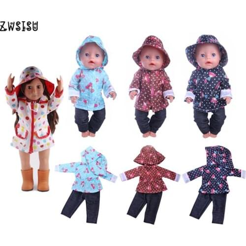 Doll Clothes 4 Styles Raincoat 1 Set=Hat+Long Sleeve Pocket Coat+Pants For 18 Inch American Doll&43 Cm Born Doll For Generation