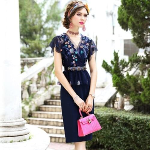 Solid patchwork pencil dress womenEmbroidered dress women summer mesh stitching slim professional retro elegant skirt Plus