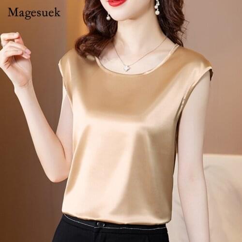 Silk Women 2021 Summer Plus Size Blouse Solid O-neck Slim Sleeveless Top for Women Elegant Casual Loose Satin Blouse Blusa 15113