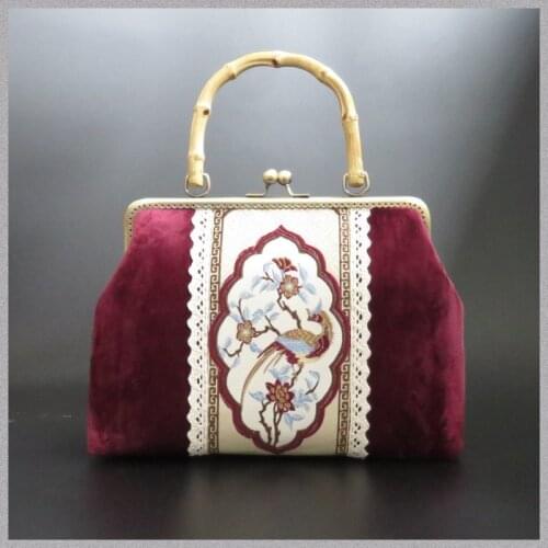 Handmade Bag Gold Bag Vintage Chinese-Style Handbag Banquet Cheongsam Hanfu Raw Wood Handle Cross-Body Womens Bag Bridal Bag