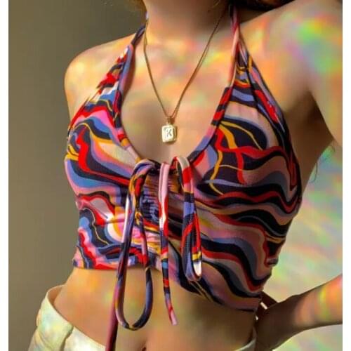 Retro Harajuku Fashion Water Wave Print Camisole Women Summer Korean Style Halter Pleated T-Shirt Korean Style Sexy Halter Top