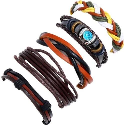 Vintage Retro Multilayer Leather Wristbands Handmade Wide Bracelet Set Braided Rope Charm Wrap Bangle Casual Unisex Jewelry Gift