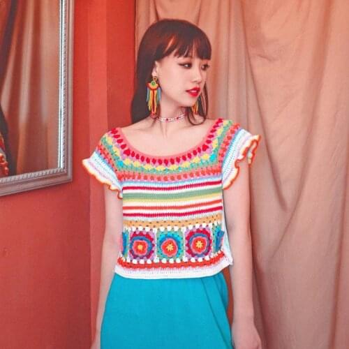 2021 Spring New Heavy Industry Retro National Style Pure Handmade Rainbow Crochet Short-Sleeved Hollow Sweater