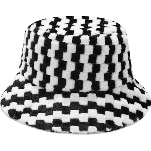 Winter Plaid Faux Fur Fluffy Bucket Hats Women Outdoor Fashion Panama Bob Hat Soft Warm Knitted Fluffy Fisherman Cap
