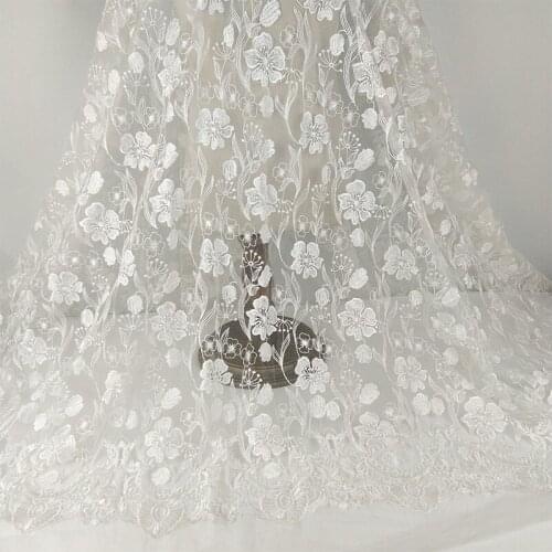 5Yards White color embroidered Flower tulle mesh lace fabric 2019 NEW design women gown wedding lace fabric