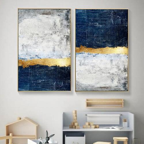 Abstract Gold Foil Block Canvas Painting Blue Print Poster Modern Golden Wall Art Picture for Living Room Navy Home Decor