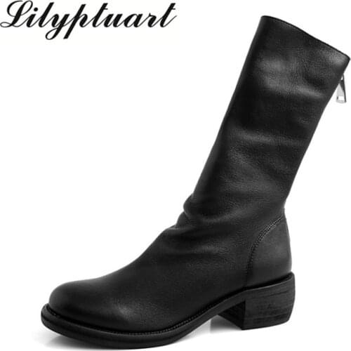 2020 Europe and America kneeling boots back zipper mid-tube female short boots leather thick heel motorcycle single boots