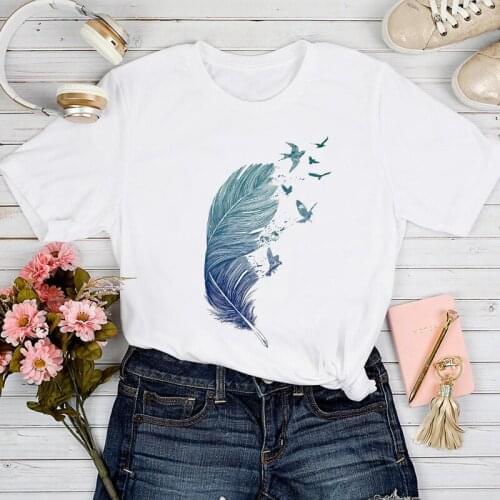 T-shirts Women Feather Printing Cute Fashion Spring Summer Clothing Tshirt Top Lady Print Clothes Stylish Girl Tee T-Shirt