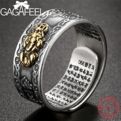GAGAFEEL Vintage 990 Pure Silver Six Mantras of Buddhism Open Rings for Women Men Thai Silver Brave Troops Couple Jewelry Gifts