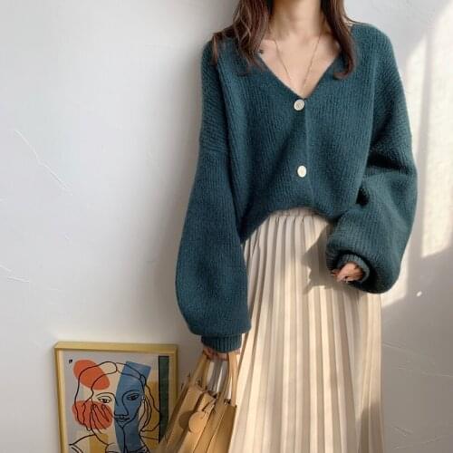 New Oversize Womens Sweaters Autumn Winter fashionable Casual Blue V-Neck Cardigans Single Breasted Puff Sleeve Loose Cardigan