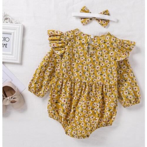 Spring Outfits Baby Girl Romper 2Pcs Floral Newborn Long Fly Sleeve Princess Jumpsuits Ruffled Bodysuit +Headband Toddler Set