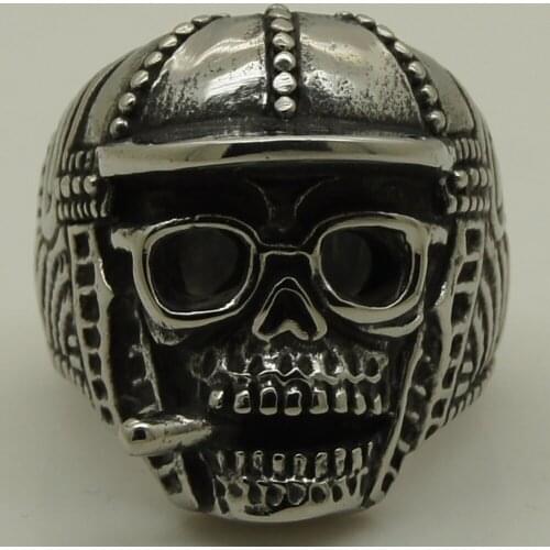 Cool men/boy hat glasses cigar skull heavy 316L stainless steel ring
