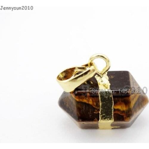 Natural Tigers Eye Gems Stones Horizontal Petite Nugget Hexagonal Pointed Reiki Chakra Gold Pendant Charm Beads10Pcs/Pack