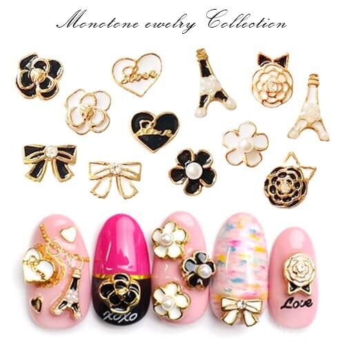 New 10pcs/lot alloy flower with pearls nail art charms white/black flower bow Japanese nail jewelry decoration nail metal parts