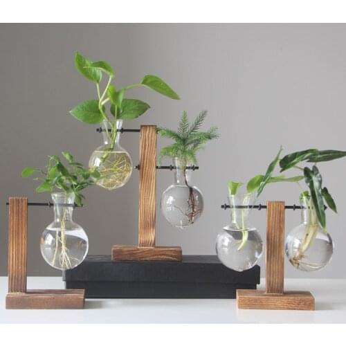 2019 New Hydroponic Plant Vases Vintage Flower Pot Transparent Vase Wooden Frame Glass Tabletop Plants Home Decor Party Gifts