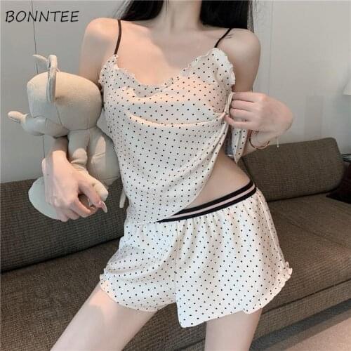 Pajama Sets Women Summer Sleeveless Polka-dot Harajuku BF Sexy Soft Breathable Ulzzang Stylish Clothing Casual Korean Mujer Thin