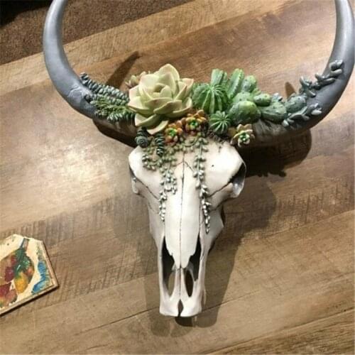 Resin Succulents Cow Skull Wall Pendant Flower Rose White Ox Head Resin Pendant European American Christmas Home Garden Decor