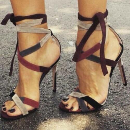 Mixed Colors Cross Strap Lace-up Gladiator Sandals Shoes High Heels Cut-out Women Summer Shoes Ankle Strap Lady Party Shoes