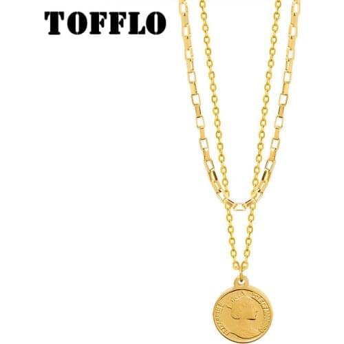 TOFFLO Stainless Steel Jewelry Head Coin Double Necklaces Womens Fashion Clavicle Chain BSP654