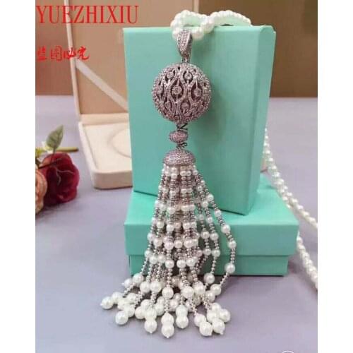 Hand knotted 8-9mm 6mm white natural freshwater pearl micro inlay zircon tassel long sweater chain necklace fashion jewelry 32