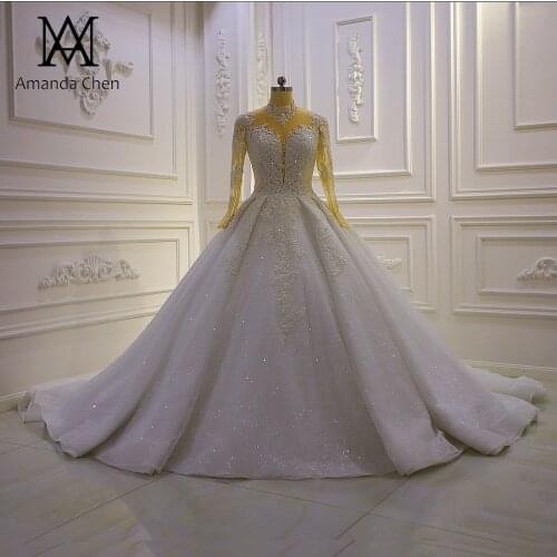 Vestidos formales High Neck Long Sleeve Lace Appliqued Wedding Dress