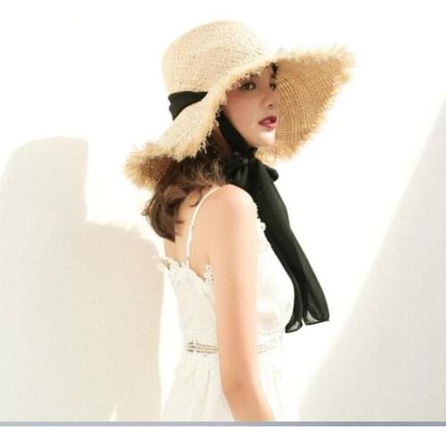 100% Real Raffia summer caps Sun Hats For Women Beach Caps Sombreros Wide Brim Beach Side Cap Floppy Female Raffia Straw Hat