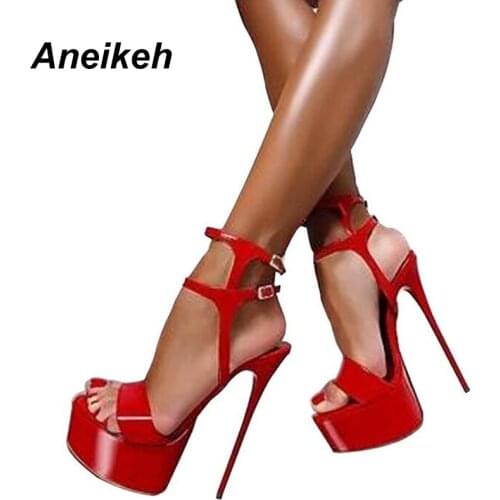 Aneikeh Extreme High Heel Sandals Fashion Womens Shoes Peep-toe Pumps Sexy 16CM Super High Heels Gladiator Buckle Strap Shoes