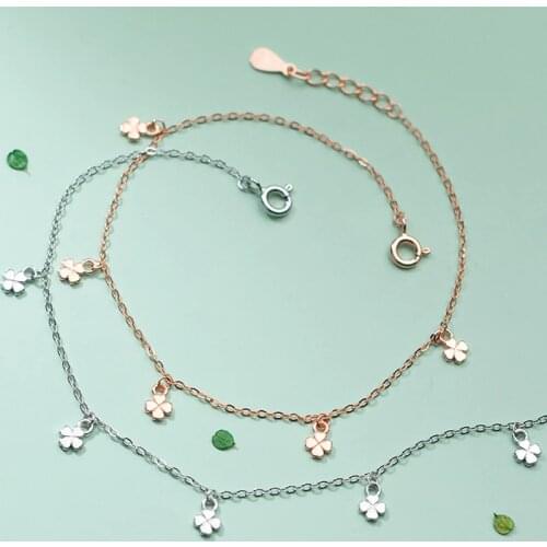 925 Yotsunoha Four Leaf Clover Anklets For Women Sterling Silver Thin Foot Chain Flower Beach Jewelry 2021 Gift Rose Gold Color