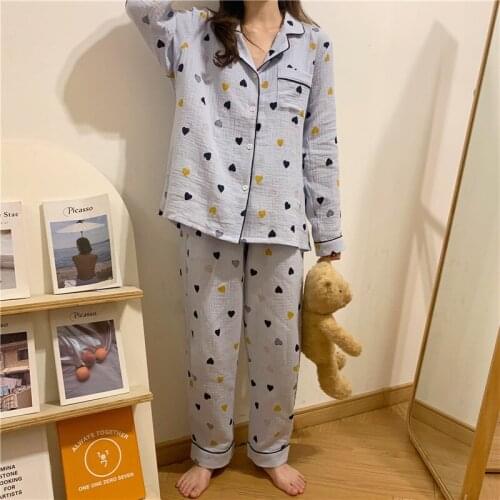 Women pajama set autumn winter soft gauze cotton sleepwear home suit colorful love heart print long sleeve blouse trousers Y988