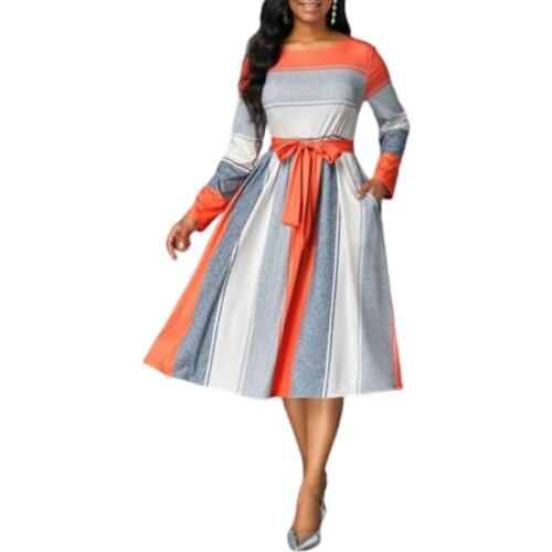 European Style Women Fashion Sexy O Neck Party Dress Elegant Casual Striped Long Sleeve High Waist Dress Plus Size 5xl Vestido