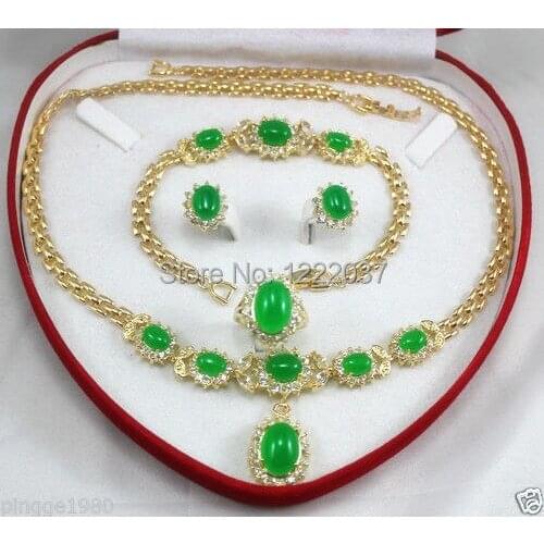 Womens jewelry green stone Earring Bracelet Necklace Ring set