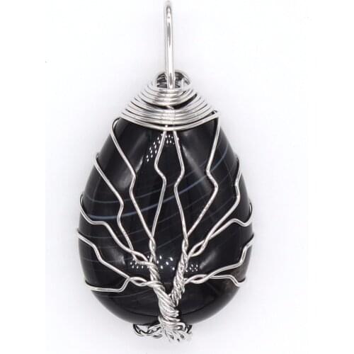 100-Unique 1 Pcs Silver Plated Wire Wrap Tree of Life Water Drop Stripe Black Agates Pendant Charm Jewelry