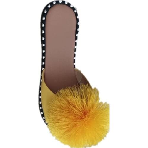 2021 Summer New Women Flat Sandals Open Toe Slippers Outdoor Beach Shoes Cute Hair Ball Fashion Plus Size