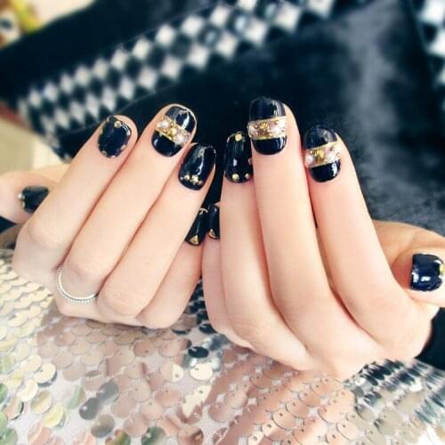 Top quality 24pcs Japanese style black resin Nail Art False Fake Nail Tips With Glue rivets/shell/pearl elements UV gel nail art