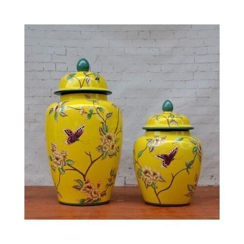 American Flower And Bird Pot Yellow Household Ceramic temple jar Ornament Hotel Restaurant Soft Decoration porcelain ceramic jar