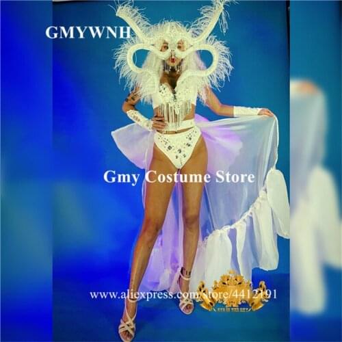 M33 White party mask dress cloak feather diamonds headwear catwalk performance show costumes ballroom props dress clothe skirt
