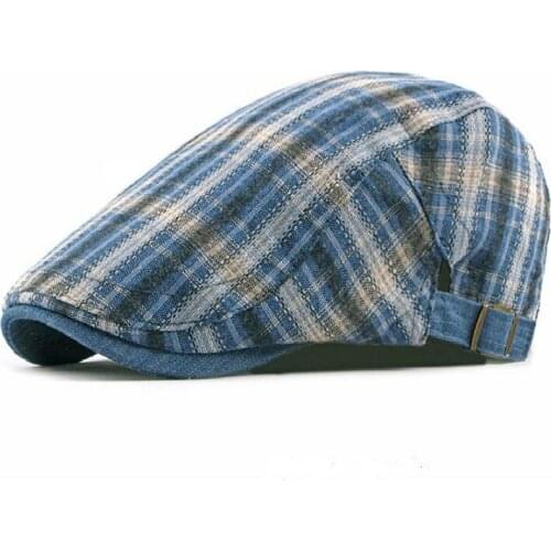 Cotton Plaid Beret Hat For Men Adjustable Vintage Flat Cap Breathable Summer Grid Newsboy Hat Retro Cabbie Ivy Peaked Cap Bone