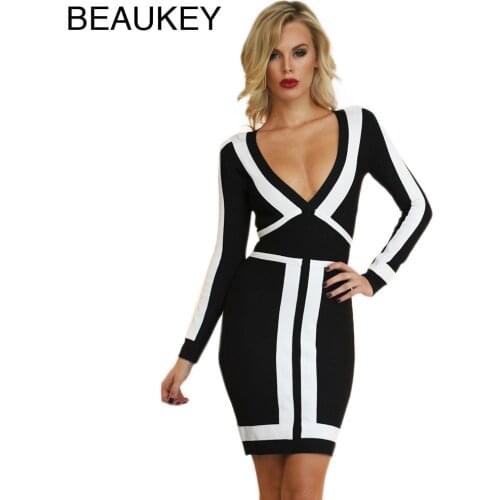 Black And White Deep V Neck Rayon Autumn Winter Long Sleeve Sexy Women Bandage Dresses New 2016 Fashion Bodycon Bandage Dress