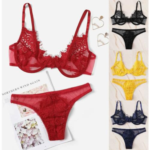 Women Sexy Lingerie Babydoll Lace Solid Color Bra Set G-string Party Underwear Nightwear See-Through Bikini