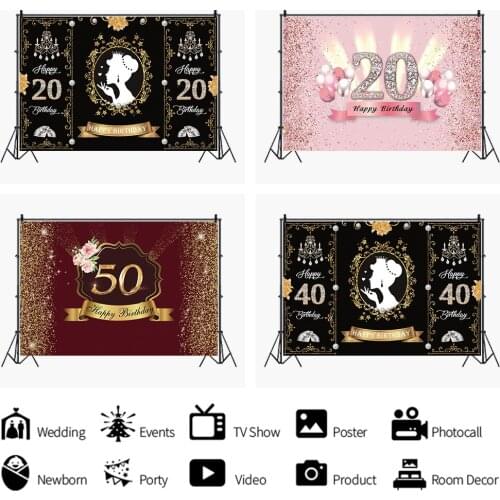 Elegant Pink Black Gold 20th Birthday Celebration Backdrops Photo Background Decorations for Female Party Photography Prop