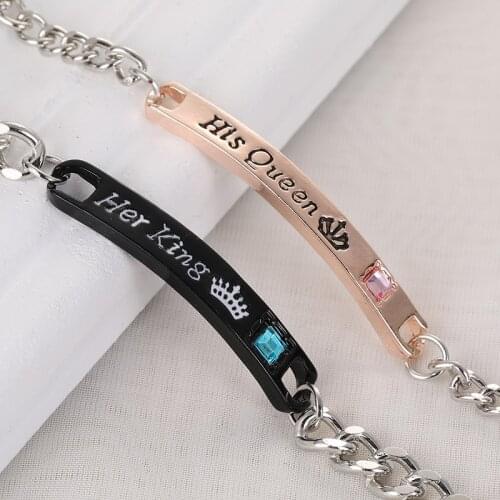 European and American Jewelry Creative New Letter Her King His Queen Crown Couple Diamond Heart Bracelet Female