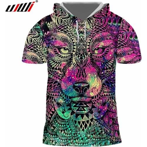UJWI Fashion Hooded Tshirt For Men Nebula Lion Printed 3d T-shirt With Cap Harajuku Tops Short Sleeves Hoodies Plus Size Tees