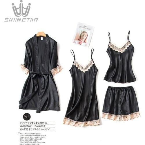 Summer Pajamas Women 4 Pieces Sets Sexy Sleepwear Satin Silk Nightwears Home Wear Home Clothing Embroidery Sleep Lounge