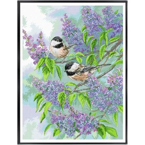 DIY Stamped Printed Cross Stitch Kit,Sets For Embroidery Cross-Stitching Cotton Wall Decoration NeedleworkLilac Birds