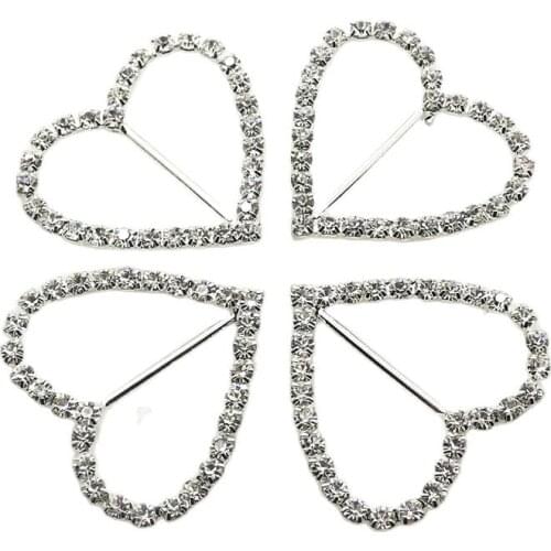 New 5pcs/lot 45*42mm Heart Artificial Crystal Metal Buckles Diamond for Women Belt Shoes Weddding Ribon Accessories Decoration